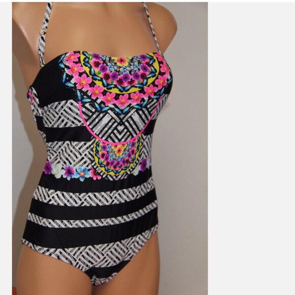 NWT Jessica Simpson Swimsuit 1 one piece Sz M Bandeau Black Multi - Picture 1 of 4